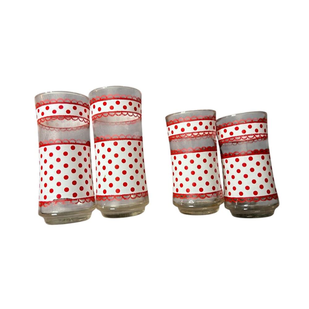 4 Libby Midcentury water drinking glass red polka dot white lace tumbler vintage